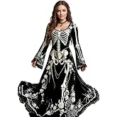Women's Skeleton Print Maxi Dress Long Sleeve Gothic Halloween Dress Women | Skeleton Costume Halloween Dresses for Women 3D Digital Print Velvet Floral Dress Halloween Goth Parties Skeleton Dress Women