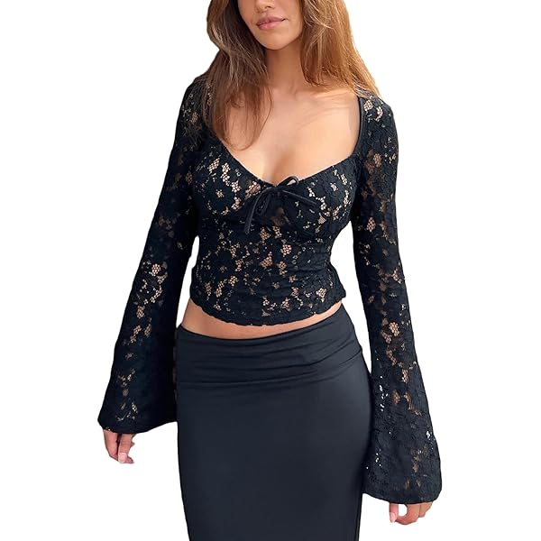 Women Tie Front Sheer Lace Top Sexy Scoop Neck Mesh See