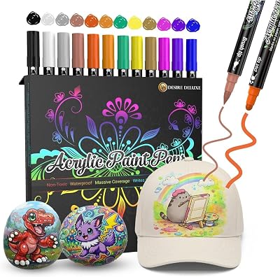 Desire Deluxe Acrylic Paint Pens 12-Color Set Multi-Surface Non-Toxic