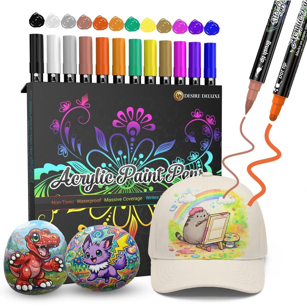 Desire Deluxe Acrylic Paint Pens for Rock Painting, Stone, Ceramic, Glass, Wood, Canvas – Set of 12 Non Toxic Water Based Markers - Great Artists Painting Supplies