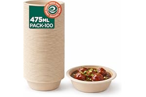 Eco Soul 12 Oz Compostable Disposable Paper Bowls [100 Pack] Food Safe Leak-Free 100% Virgin Bagasse Biodegradable Heavy Duty