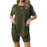 Ekouaer Women's 2 Piece Lounge Set 2026 Summer Biker Shorts Set Outfits Short Sleeve Oversized Top Matching Tracksuit Army Green XL