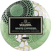 Voluspa White Cypress Candle | Mini Tin | 4 Oz. | 25 Hour Burn Time | | Coconut Wax for a Cleaner Burn
