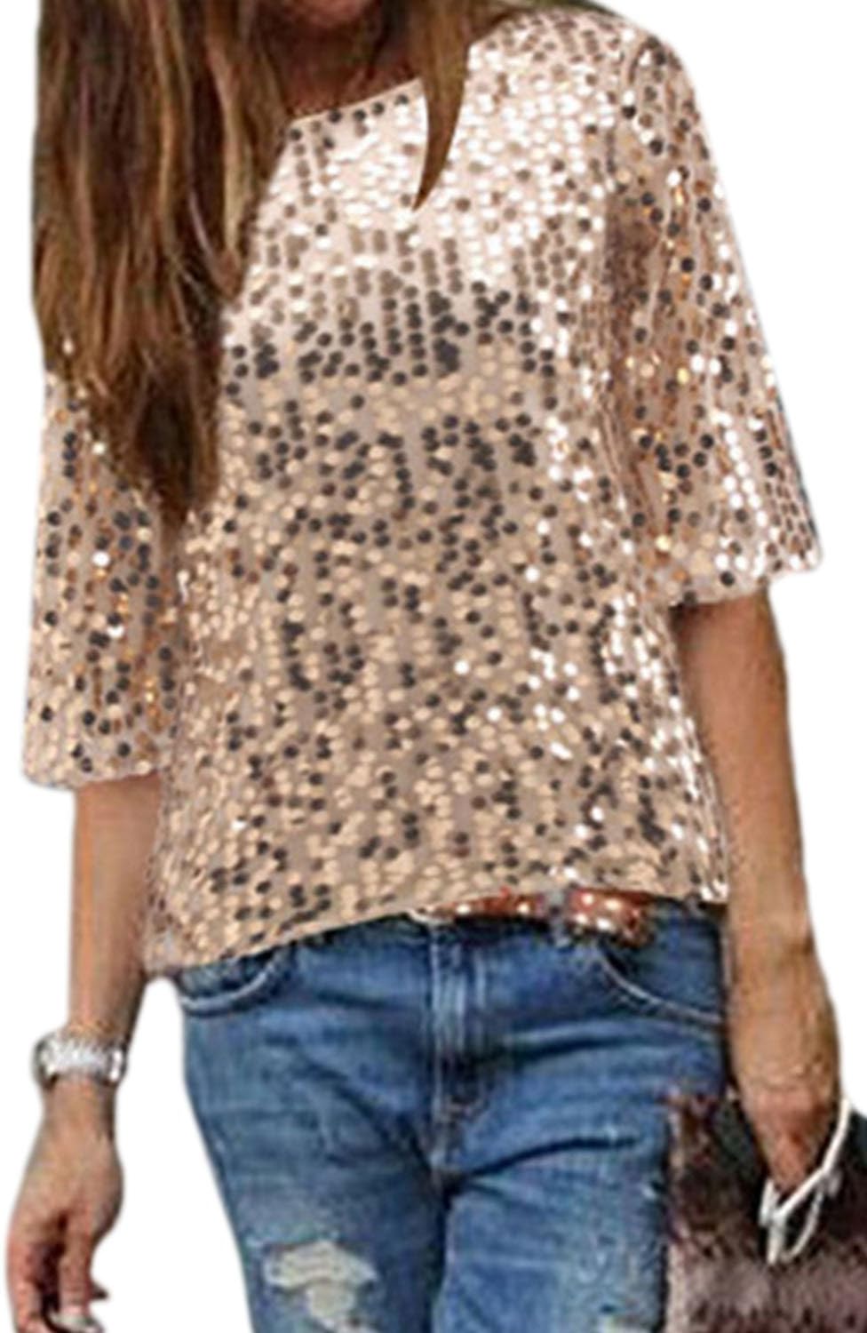 Women Casual Scoop Neck Sequins T Shirt Tops Tee Plus Size