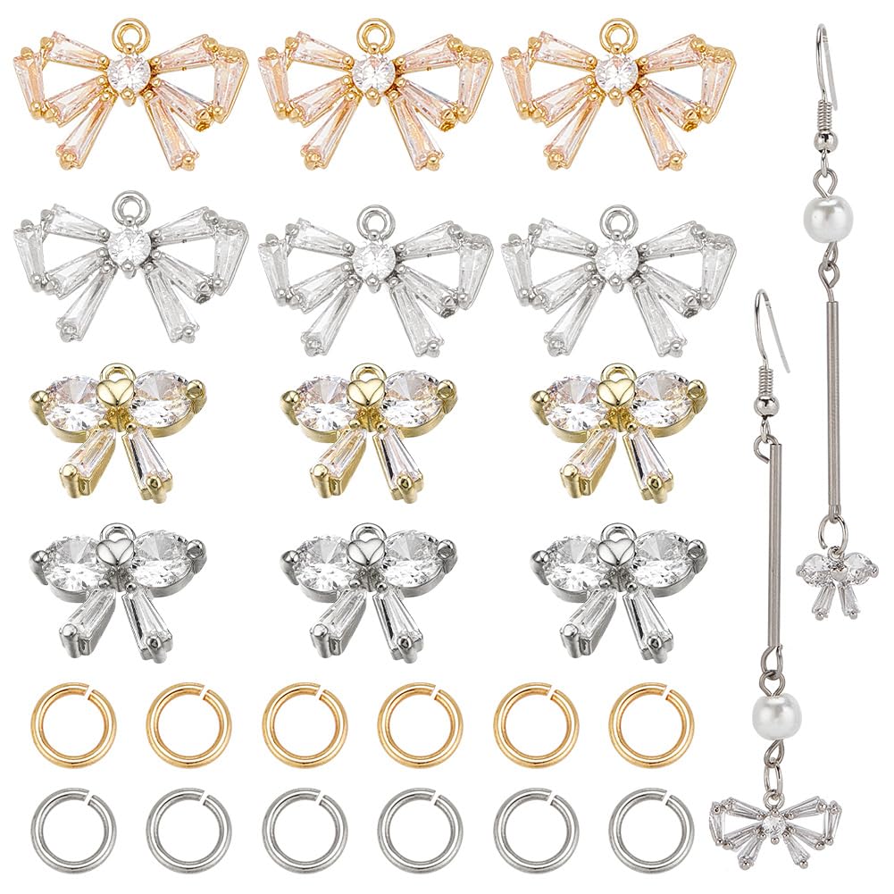 DELORIGIN 16pcs 4 Styles Bowknot Charm Brass Cubic Zirconia Bow Tie Dangle Charms with Horizontal Loops and 100pcs Jump Rings Bow Link Pendants for Jewellery Making Bracelet Necklace Earrings Crafts
