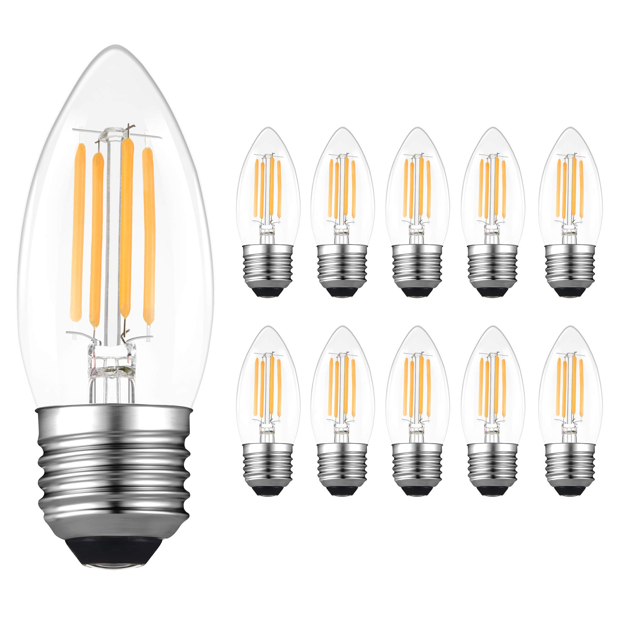 10 Pack, E27 LED Dimmable Filament Candle Light Bulbs, LED Bulb 2700K Warm White, 4W C35 Small Edison Screw Candelabra LED Bulb, 40W Incandescent Bulb Equivalent