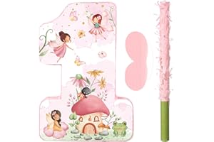 Blosssound Fairy Piñata Fairy 1st Birthday Decorations Supplies Flower Fairies Princess Number One Piñata Set with Stick Blindfold for Wonderland Garden Theme Baby Shower Celebration Decor(Birthday)