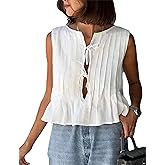Zontroldy Women's Linen Tie Front Shirts Sleeveless Y2K Babydoll Ruffle Tank Top Aesthetic Clothes
