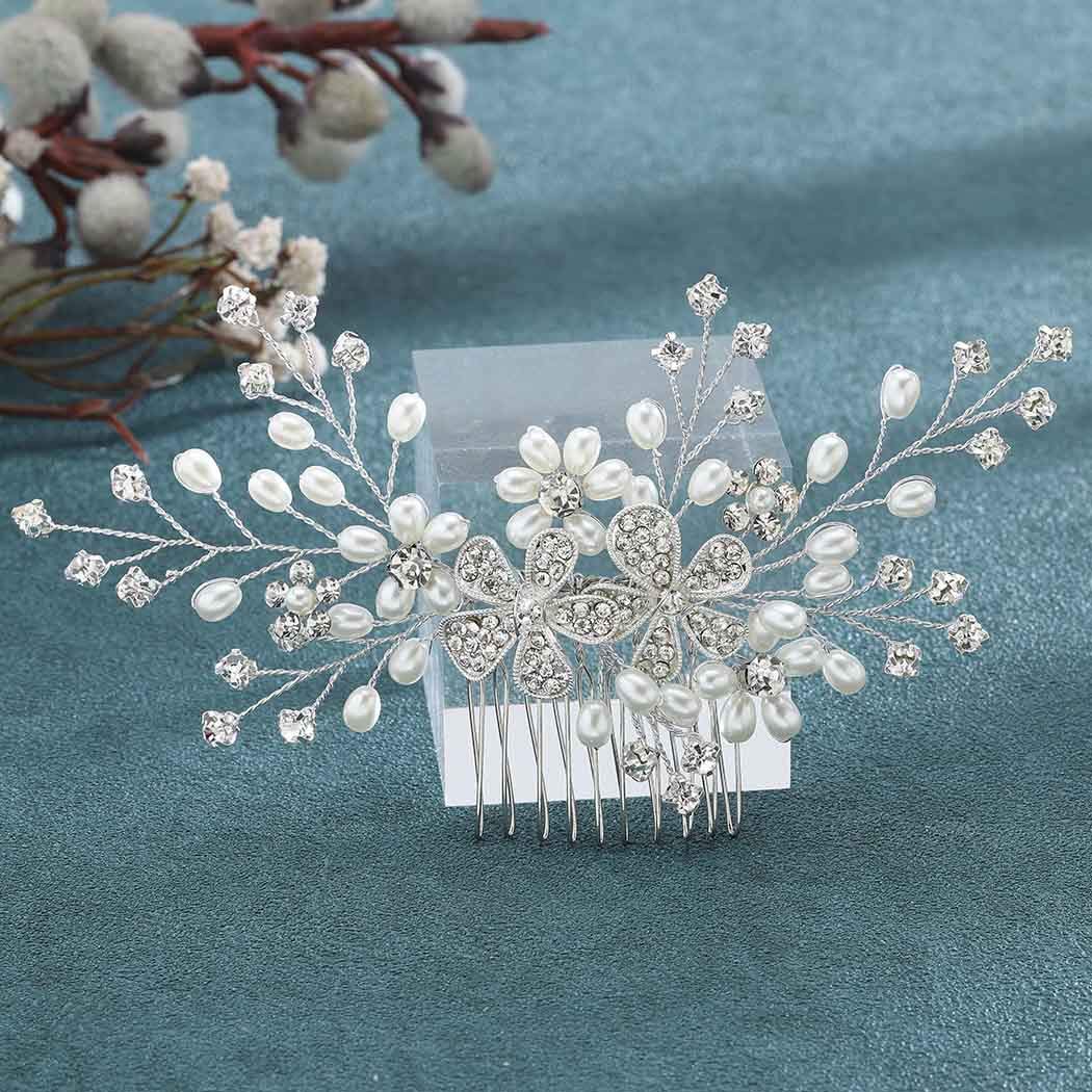 Jeairts Flower Crystal Bridal Hair Comb Silver Pearl Wedding Hair Side Combs Rhinestone Headpiece Hair Dress Decorative Bride Hair Accessories for Women and Girls : Beauty