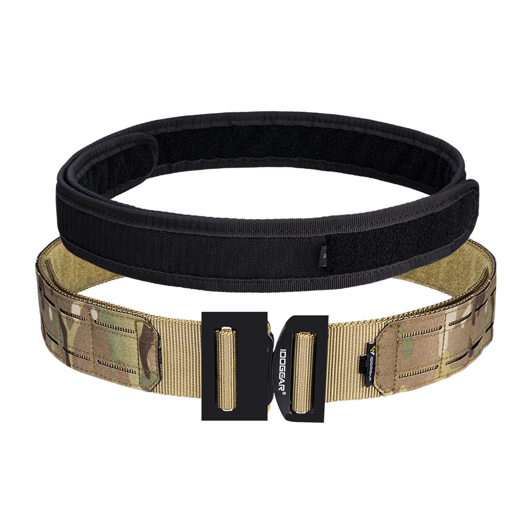 IDOGEAR 2" Tactical MOLLE Belt with 1.75" Inner Belt Set Quick Release Metal Buckle Belt Heavy Duty Hook-and-Loop Laser-Cut Belts (Large(38''-42''), Multi-camo)