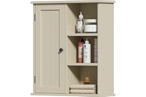 Treocho Bathroom Wall Cabinet, Medicine Cabinet with Door and 3 Open Shelves, Wall Mounted Storage Organizer for Bathroom, Kitchen, Living Room, Yellow