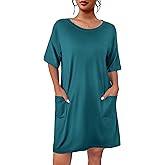 Ekouaer Sleep Shirts for Women Nightgown Short Sleeves T shirt Night Dress Round Neck Womans Nightgown with Pocket Blue Green XXL