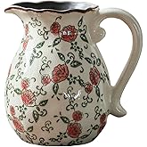 SJIE Vintage Ceramic Vase - 8.2 Inch Hand-Painted Roses with Ice Crackle Glaze Finish, American Farmhouse Style Pitcher Vase for Home Decor, Centerpiece, Shelf, Table, Office, Rustic Wedding Gift