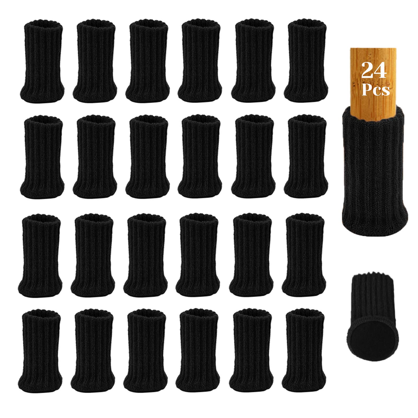 MERYSAN 24Pcs Chair Leg Socks with Felt Pads, High Elastic Knitted Furniture Booties with Double Layered, Non-Slip Thick Floor Protectors Covers Pads Caps Set - Avoid Scratches & Noise (Black)