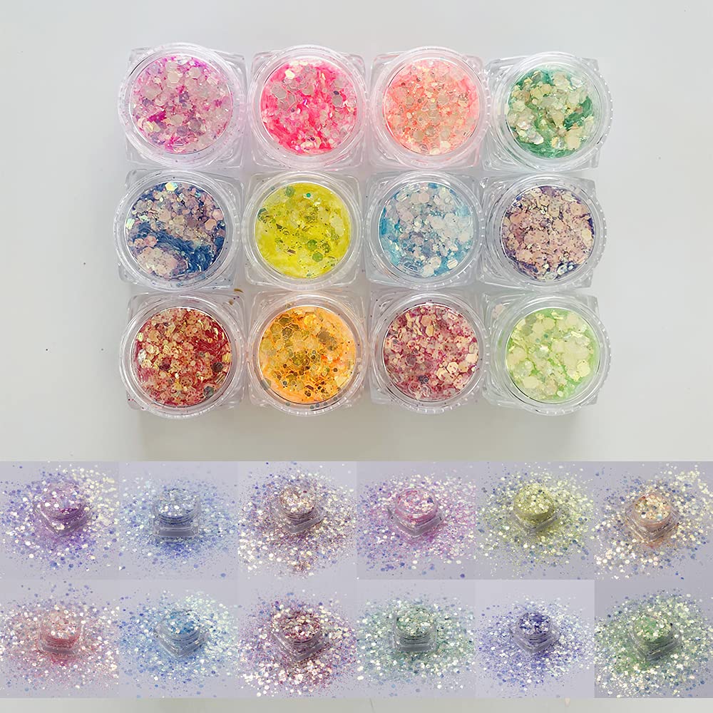 50g Pack High Sparkle Iridescent Chunky Mixes Glitter Opal Sequins for Nail Art Glitter Manicure Material Crafts Art Decoration NC (12 Colors Set)