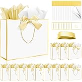 Ethhqu 12 Pack Gift Bags with Handles Include Tissue Papers & Cards, Medium Size 12.6×10×4'' Thank You Gift Bags Medium Size for Birthday, Baby Shower, Wedding, Bridesmaids (White and Gold)