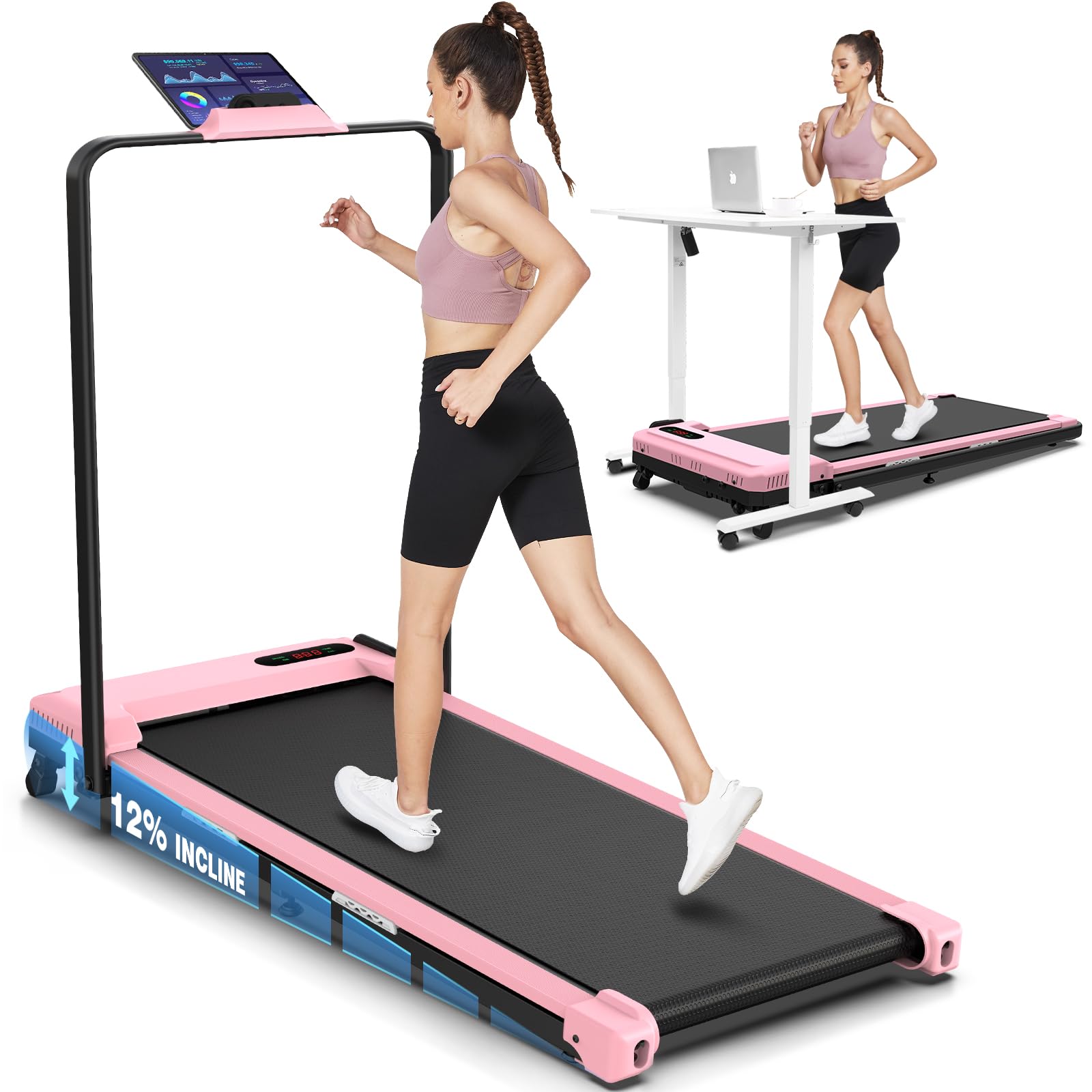 FUNMILY Folding Treadmill with Handles, Foldable Walking Pad Treadmill with Incline and Adjustable Handrails, 3 in 1 Under Desk Treadmills for Home 320 lb Capacity, Running Machine with Handle Bar