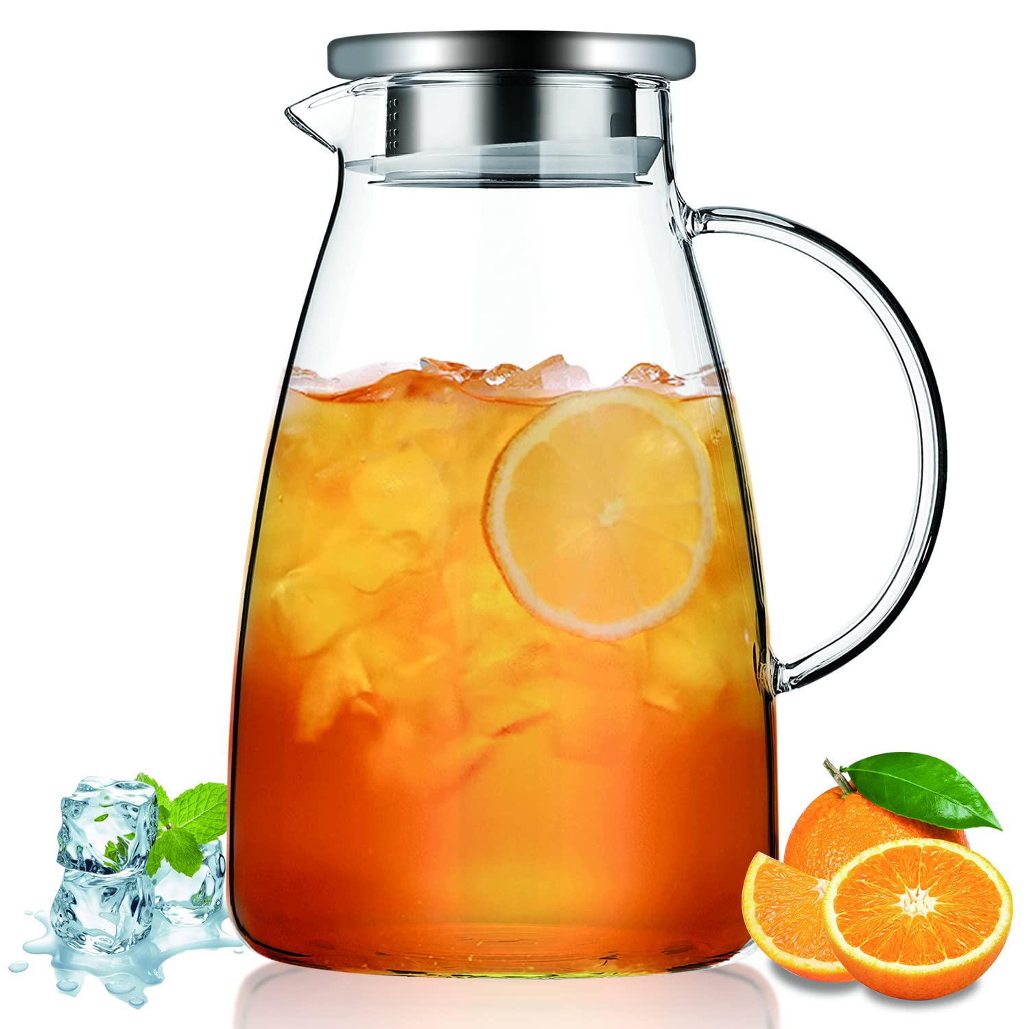 Kyraton 2.0L Glass Water Jug with Removable Lid, Hot and Cold Beverages Clear Glass Water Pitcher, Easy to Clean, Borosilicate Glass Jug for Tea Cafe Lemonade Milk Juice and More.