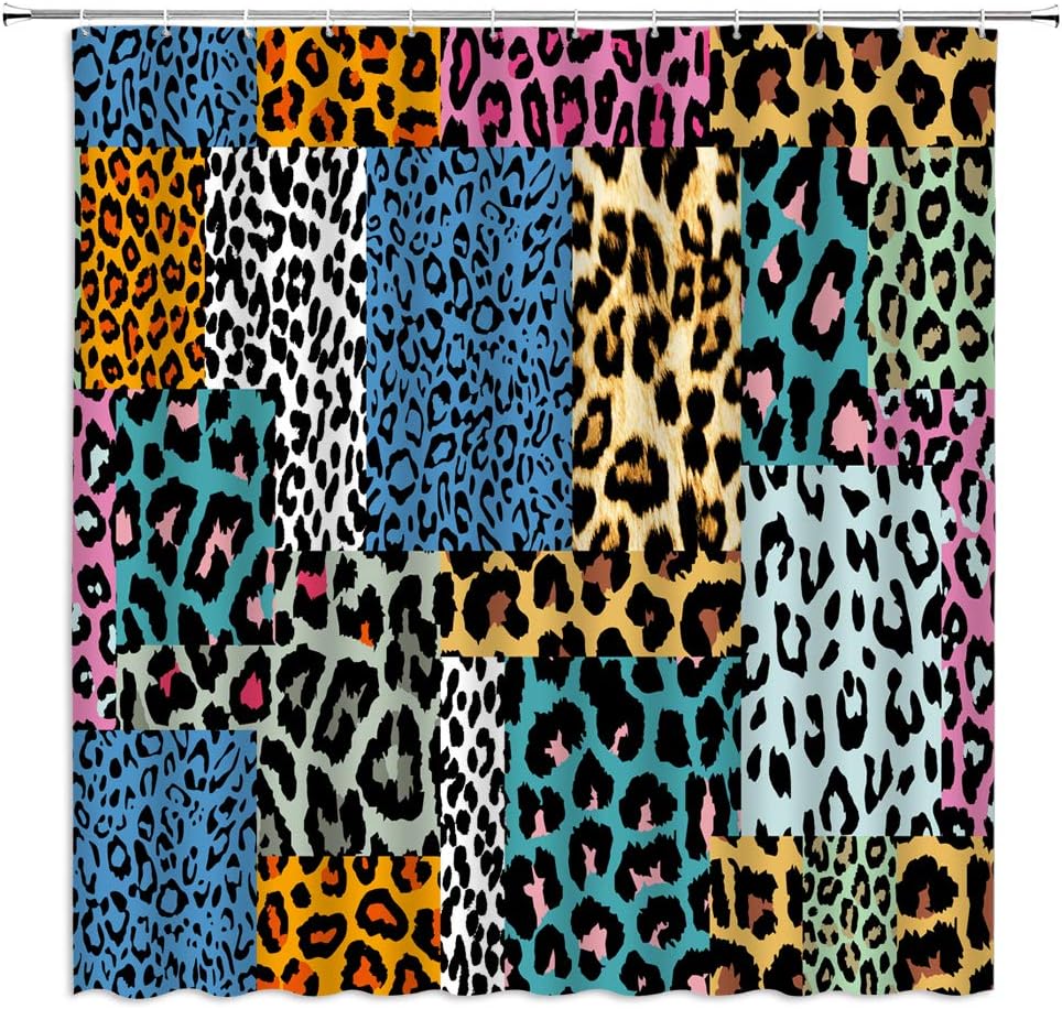 Leopard Print Shower Curtain Abstract Leopard Skin Pattern Collage Colorful Geometric African Wild Safari Animal Watercolor Art Creative Brown Blue Fabric Bathroom Decor Set with Hooks(70