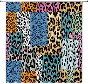 Leopard Print Shower Curtain Abstract Leopard Skin Pattern Collage Colorful Geometric African Wild Safari Animal Watercolor Art Creative Brown Blue Fabric Bathroom Decor Set with Hooks(70
