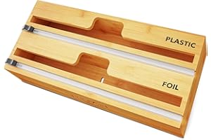 SpaceAid WrapNeat 2 in 1 Wrap Organizer with Cutter and Labels, Plastic Wrap, Aluminum Foil and Wax Bamboo Dispenser for Kitchen Storage Organization Holder for 12" Roll (Natural)