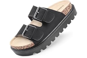 Viapipa Chunky Platform Sandals for Women, Waterproof Non-Slip Rubber Sole, Adjustable Double Buckle, Arch Support Open Toe Slide Sandals, Comfortable Black Wedge Sandals for Women