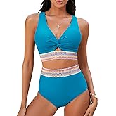 GRAPENT Bikini Sets for Women High Waisted Two Piece Swimsuit Padded Knot Twist Cut Out Color Block Bathing Suit Bikinis