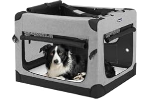 Veehoo 30 inch Folding Soft Dog Crate, 4-Door Portable Collapsible Pet Kennel Travel Dog Crate for Medium Dogs, 5 x Durable Mesh Screen, 600D Oxford Fabric, Indoor & Outdoor Use, Grey, CWB2428CP