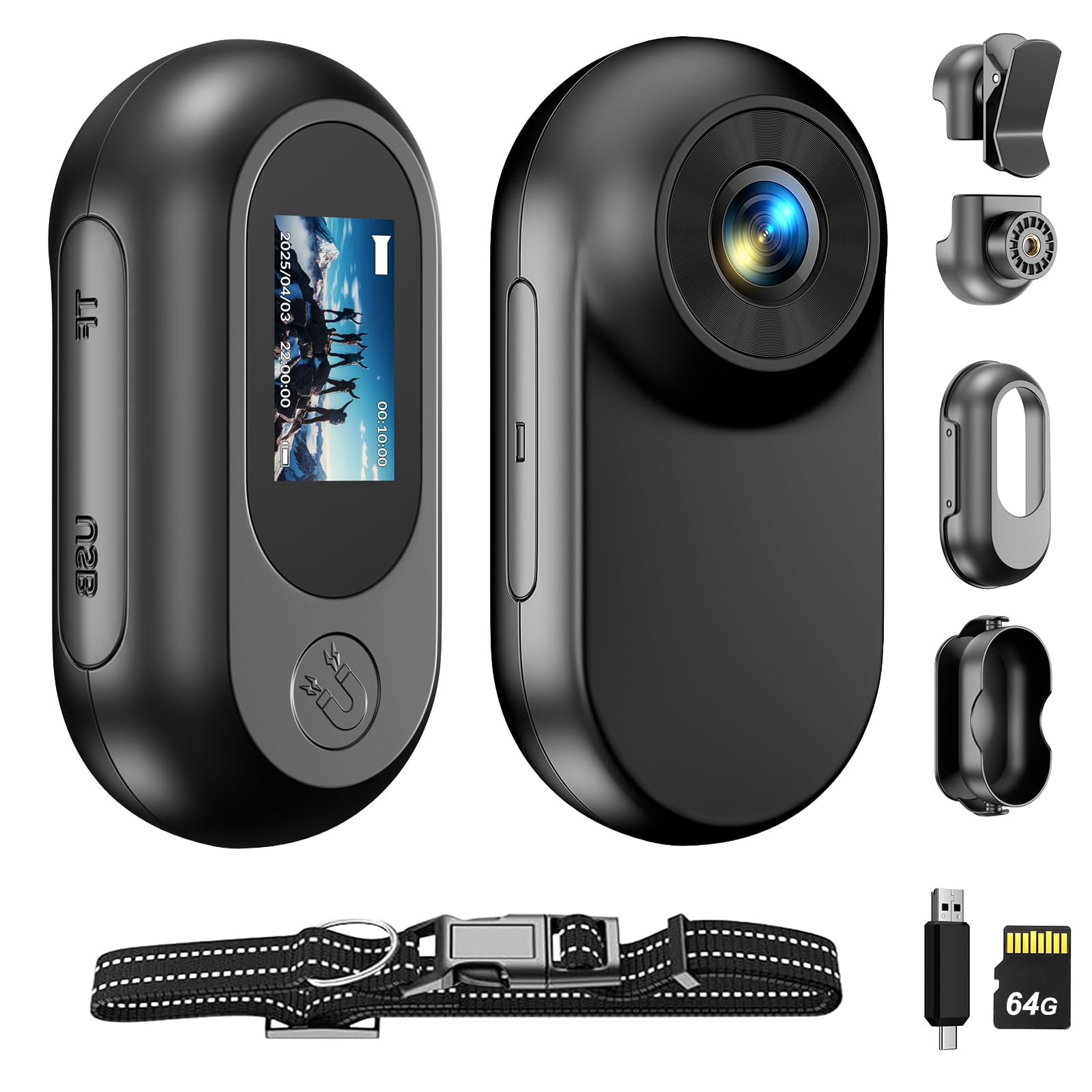 Photo 1 of Mini Body Camera 64GB 1080P Tiny Cam Portable Thumb Action Camera Wearable Hands-Free POV Portable Video Recorder with Two Pets Collars Mount and Bicycle Mount Bracket for Cycling Pet Vlogging