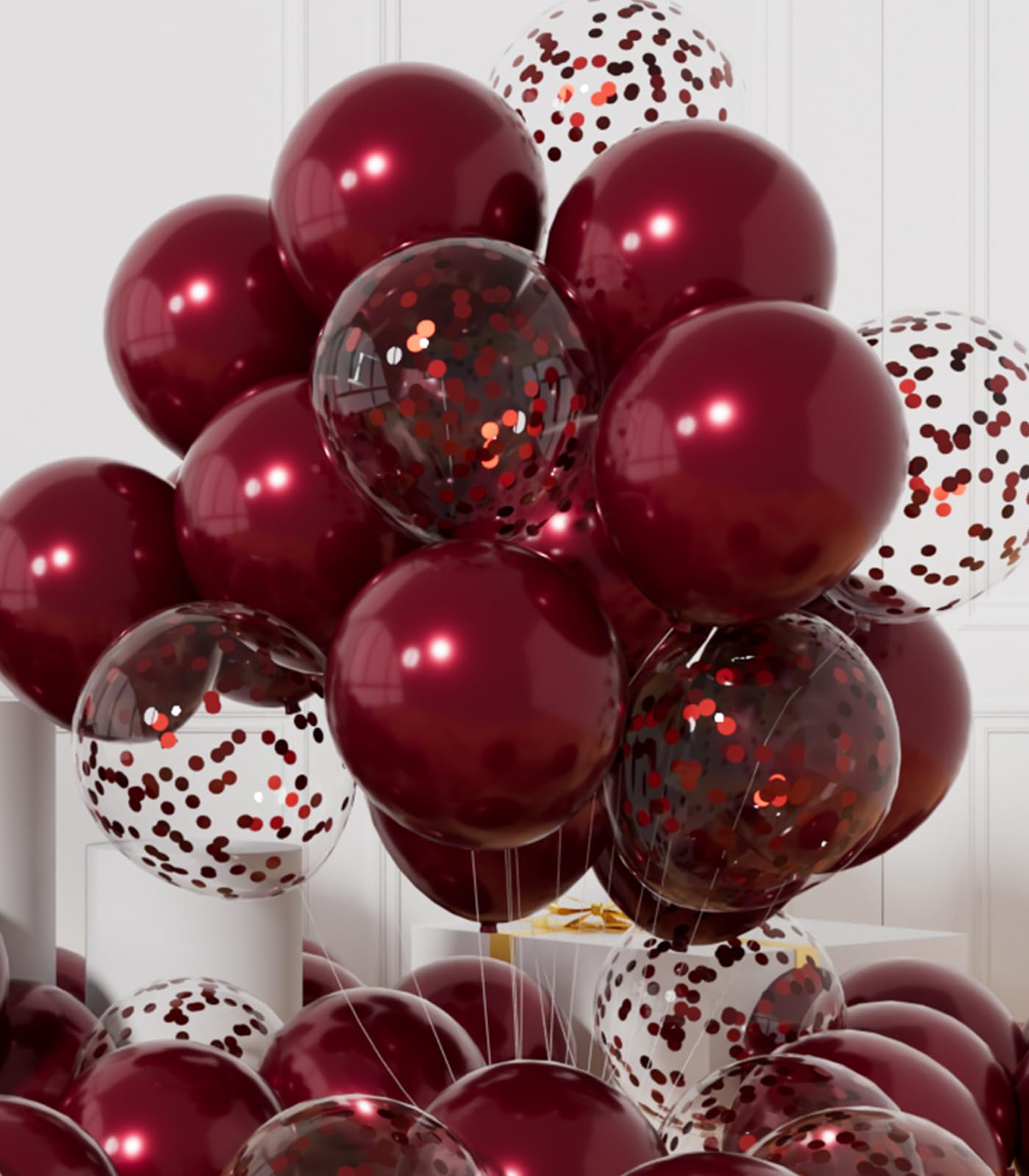 Photo 1 of AULE Party Balloons Pack of 42 - Metallic Burgundy Balloons and Confetti Latex Helium Balloons With 64ft Ribbons - 12 Inch Mroon Chrome Balloon Decoration Set