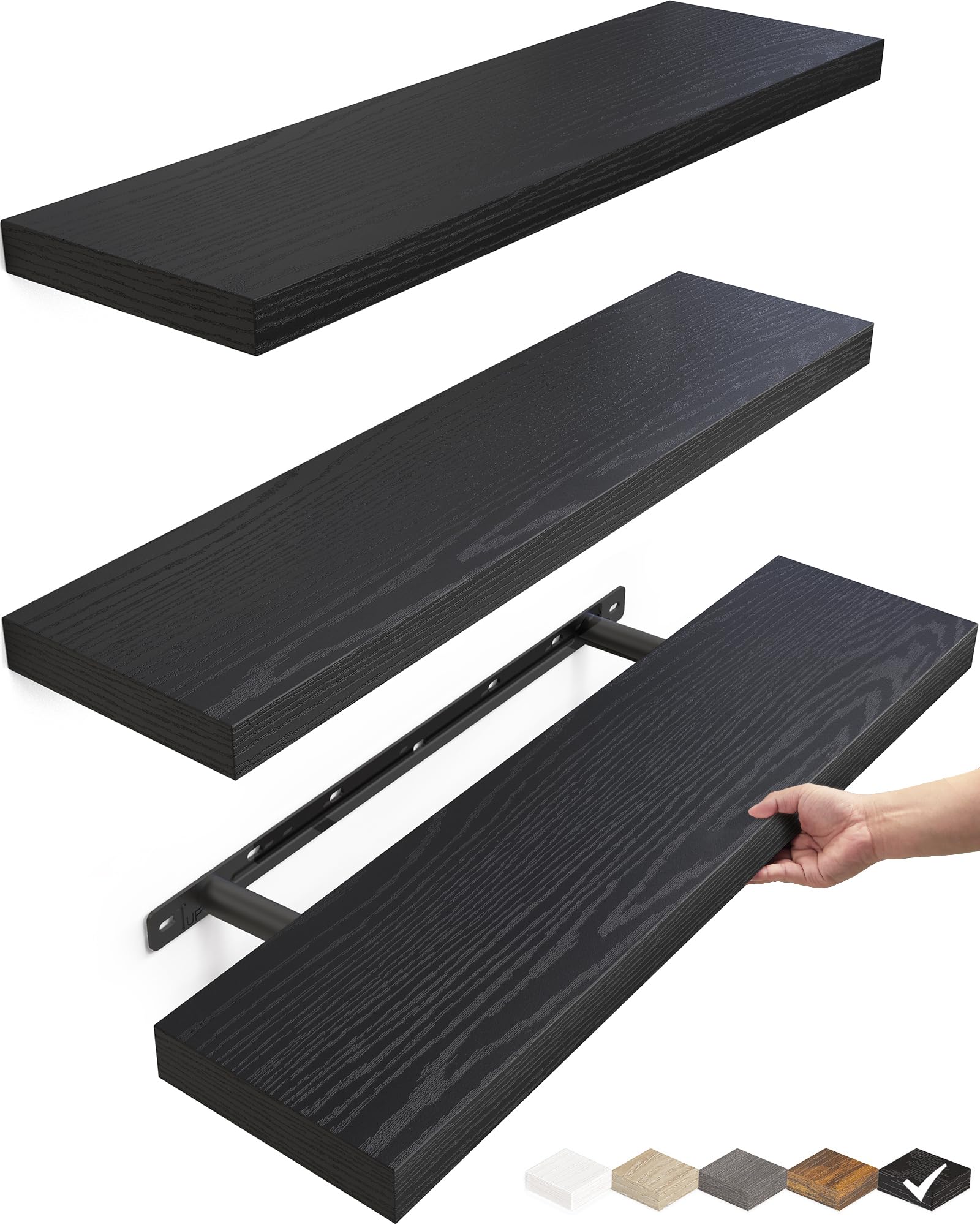Photo 1 of BAYKA Floating Shelves for Wall, 22.5 inches Wall Mounted Rustic Wood Shelves for Bathroom, Bedroom, Living Room, Floating Shelves for Books/Storage/Decor (Black,Set of 3)