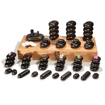 Hot Stone Deluxe-Set, 64 Massagesteine inkl. Cold Stones, Triggerpunkten und Chakra-Steinen für die professionelle Hot Stone 