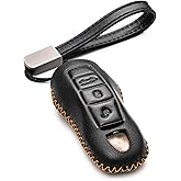 Vitodeco Genuine Leather Smart Key Fob Case with Leather Key Strap Compatible for Porsche 911, Cayenne, Macan, Panamera, Cayman, Boxster (2010 - 2022 Models) - 3 Buttons, Black