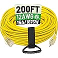 POWGRN 200 ft 12/3 Outdoor Extension Cord Waterproof Heavy Duty with Lighted End 12 Gauge 3 Prong, Flexible Cold-Resistant Long Power Cord Outside, 15Amp 1875W SJTW Yellow ETL Listed