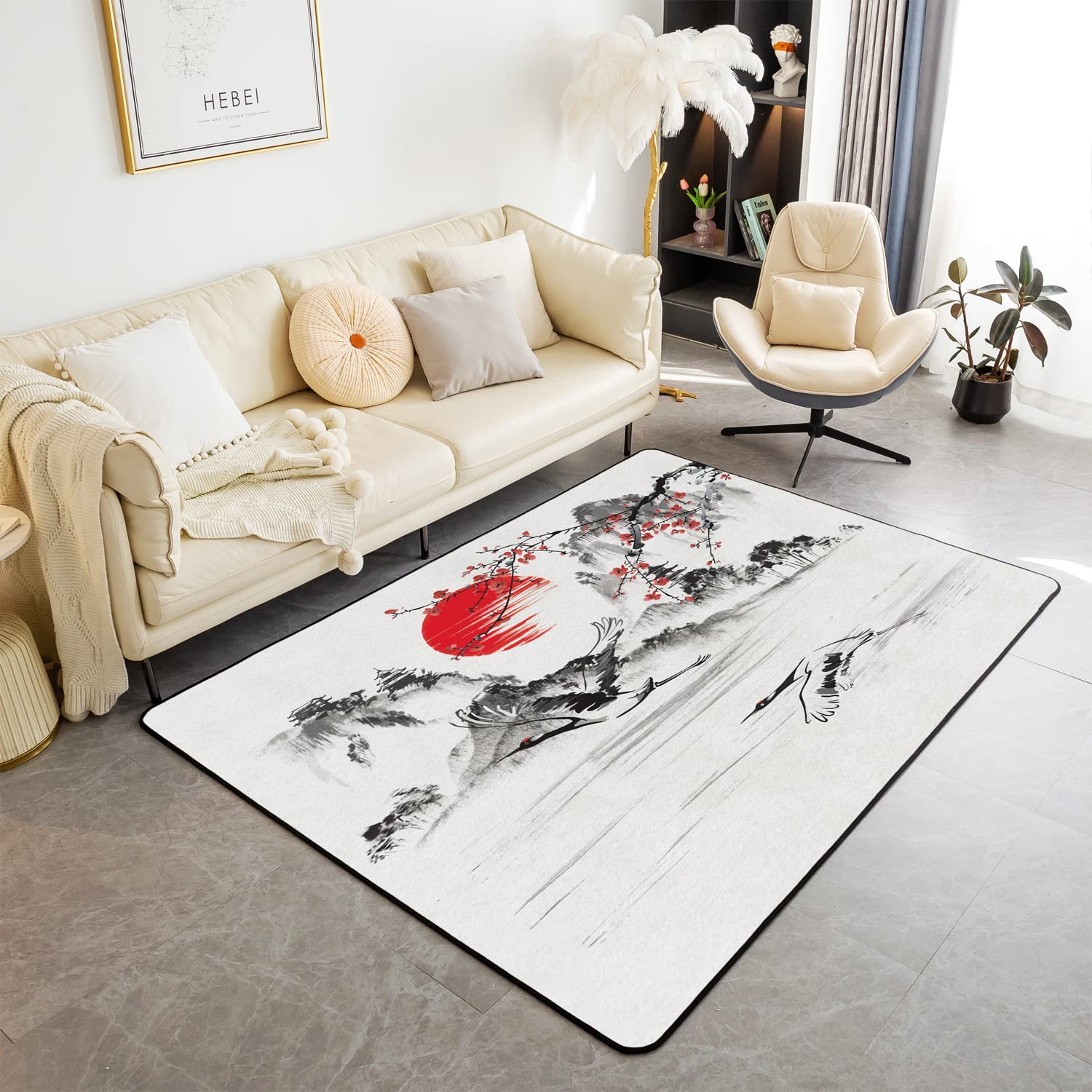 Homemissing Japanese Style Area Rug Japanese Ukiyoe Decorative Area Rug Home Decor Sakura Flower Traditional Retro Theme Red White Accent Rug 100 * 150cm