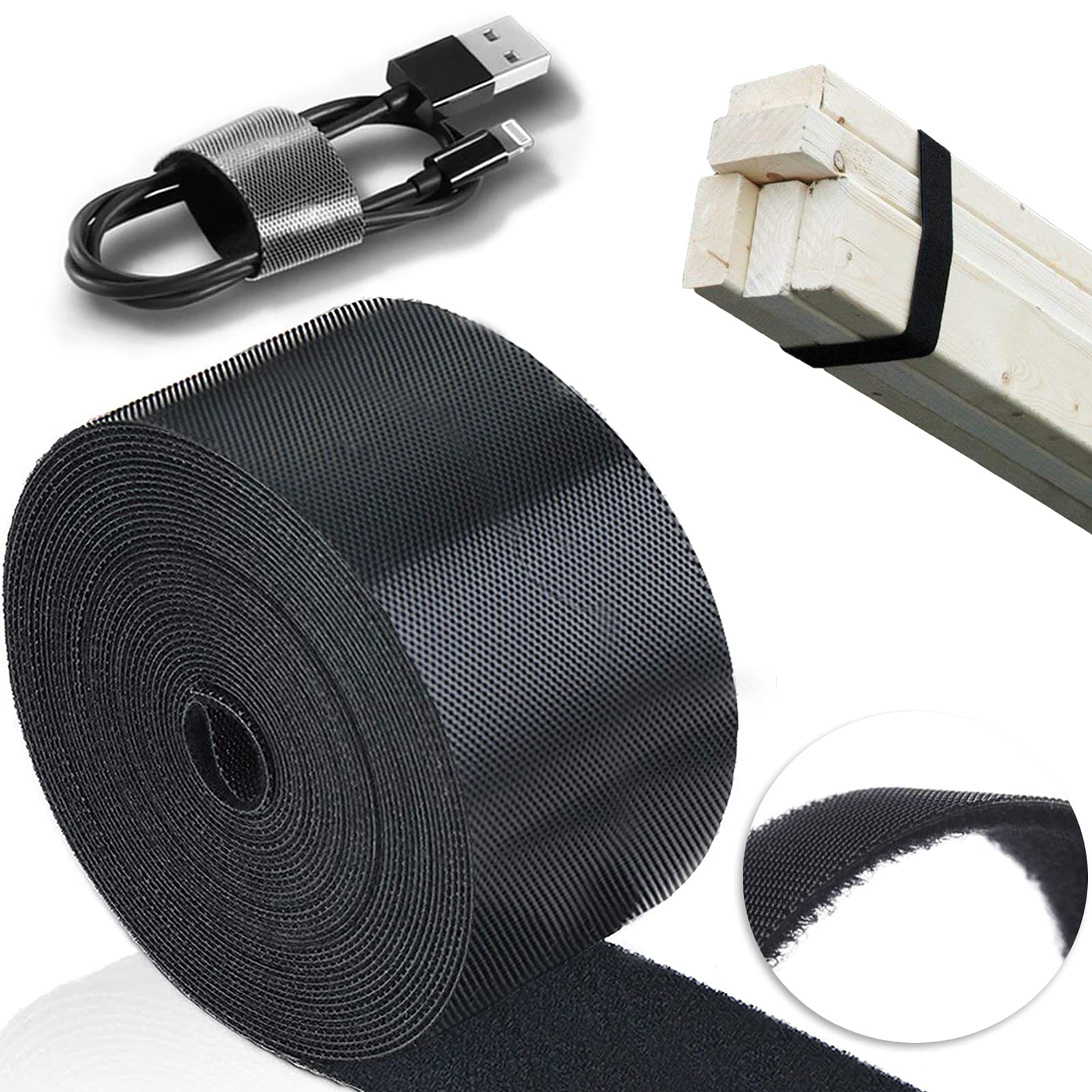 TEUVO Cable Ties Reusable for Cable Management, 50mm x 5M Double Sided Sew On Hook and Loop Strap for Tying Cable, Mat Storage, DIY Craft Around Home and Office (Black)