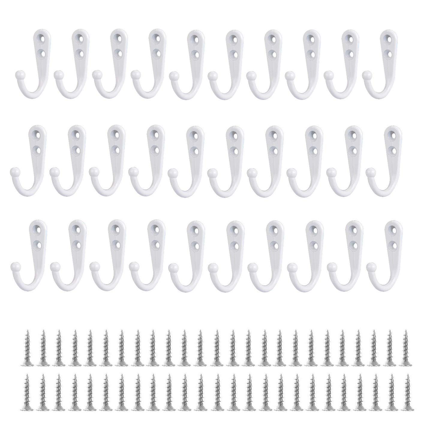 JZK 30 x White Metal Wall Mounted Hooks with Screws, Coat Hooks, Single Hanger Hooks for Hanging Clothes, Mugs, Utensils, Tools, Towels