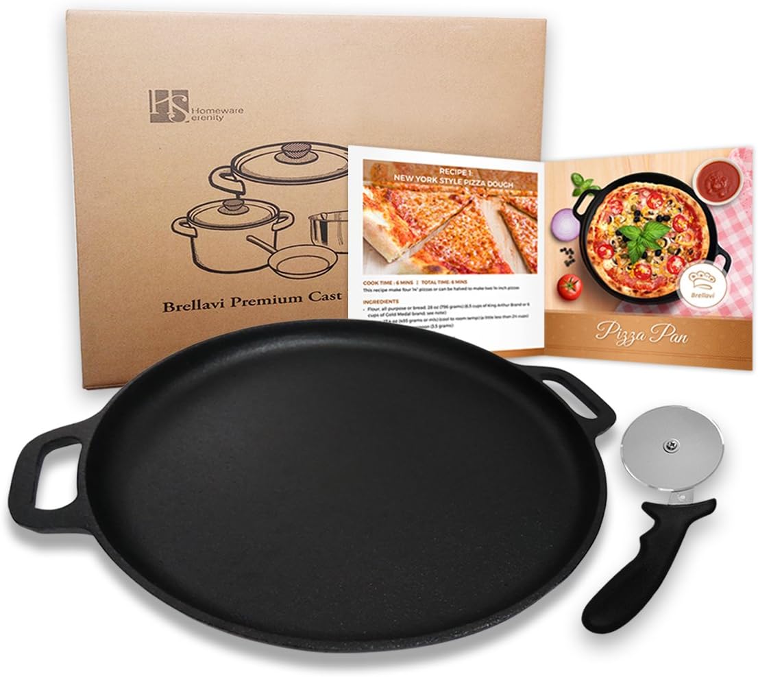 14 Inch Cast Iron Pizza Stone - Pizza Making Set - Pre-seasoned 14" Baking Stone + 4" Pizza Slice Cutter - Great For Pizza Crust, Dosa & Crepe