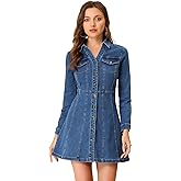 Allegra K Women's Denim Dress Button Down Collar V Neck Long Sleeve A-line Cotton Jean Dress
