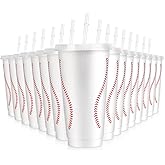 Hooqict 16 Pack Reusable Plastic Cups with Lids and Straws Baseball Cups 24oz Drinking Tumbler Baseball Party Favors Water Cups for Sport Birthday Party Decorations Supplies