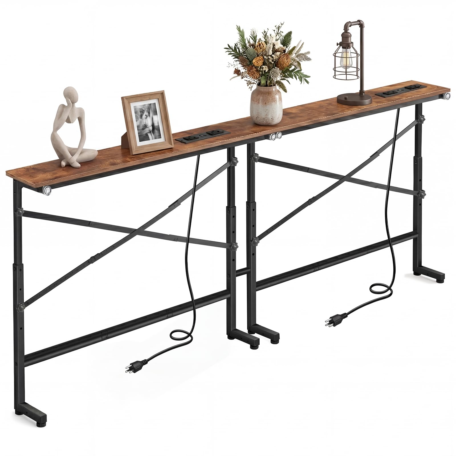 Photo 1 of 2-Pack Narrow Console Table with 2 Power Outlets & USB-C & USB, 78.8" Narrow Sofa Table with Adjustable Height 25"-32", 5.9" Skinny Behind Couch Table with Storage for Living Room, Entryway, Brown