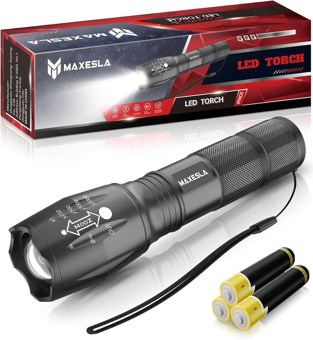 Maxesla LED Torch Battery Powered Zoomable 5 Modes Tactical Flashlight