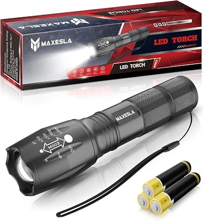 Maxesla LED Torch Battery Powered Zoomable 5 Modes Tactical Flashlight