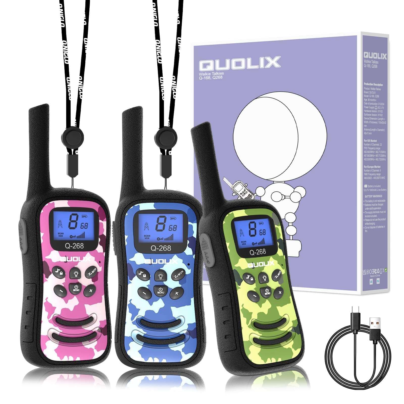 QUOLIX Walkie Talkies for Kids 3-12, Rechargeable 36 Hours Working Time 2 way Radio Long Range, LED Torch 99 Passwords,Family Outdoor Camping Toys Gift for Birthday Xmas