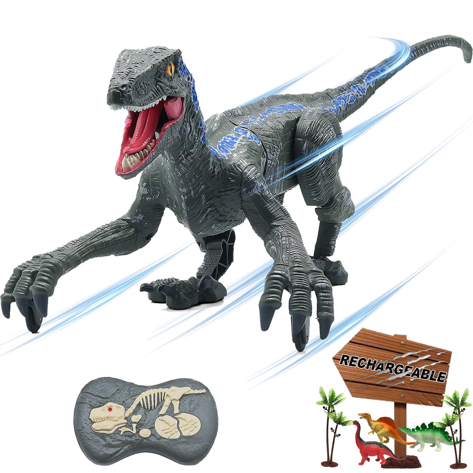 BUBUQE Remote Control Dinosaur Toys for Boys Kids Girls 3 4 5 6 7 8 Electronic RC Robot Toy Walking Roaring Velociraptor Realistic 18.1" Jurassic Dino Rechargeable Raptor Blue Birthday Gift — image 1