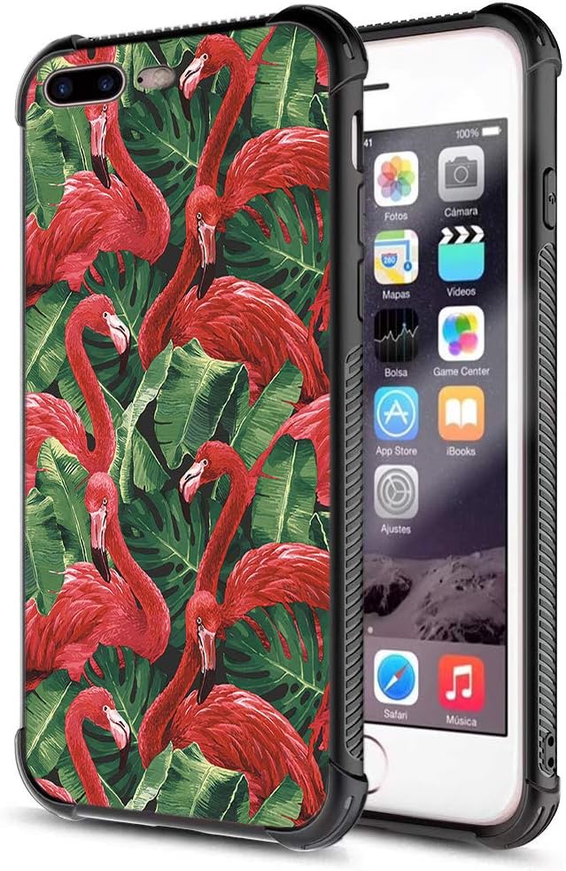 XanaduC iPhone 7 Plus Case,iPhone 8 Plus Case,Tropical Design Tempered Glass Pattern Cover Case Shock Absorption Anti-Slip Bumper Case for iPhone 7/8 Plus - Red Flamingo