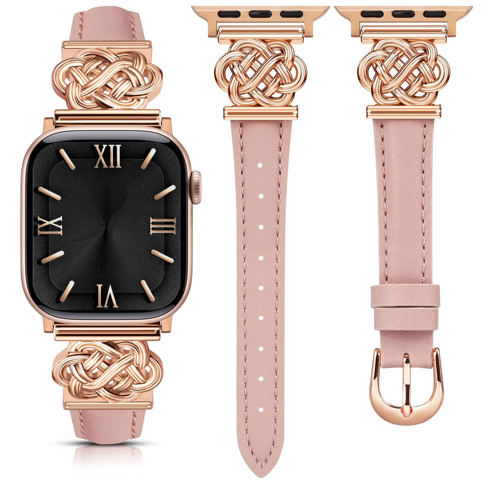 Photo 1 of Minyee Celtic Knot Leather Band Compatible with Apple Watch Band 38/40/41/42mm Women, Slim Leather Classy Designer Interlock Buckle Strap for iWatch Series 11 10 9 Ultra SE 8 7 6 5 4 3,Pink/Rose Gold