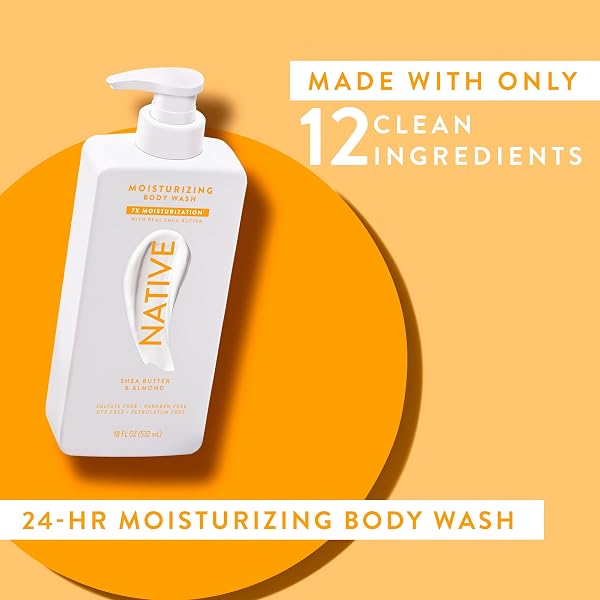 NATIVE MOISTURIZING BODY WASH CONTAINS NATURALLY DERIVED INGREDIENTS | FOR WOMEN & MEN, SULFATE, PARABEN, & DYE FREE LEAVING SKIN SOFT AND HYDRATED | SHEA BUTTER & ALMOND 18 OZ