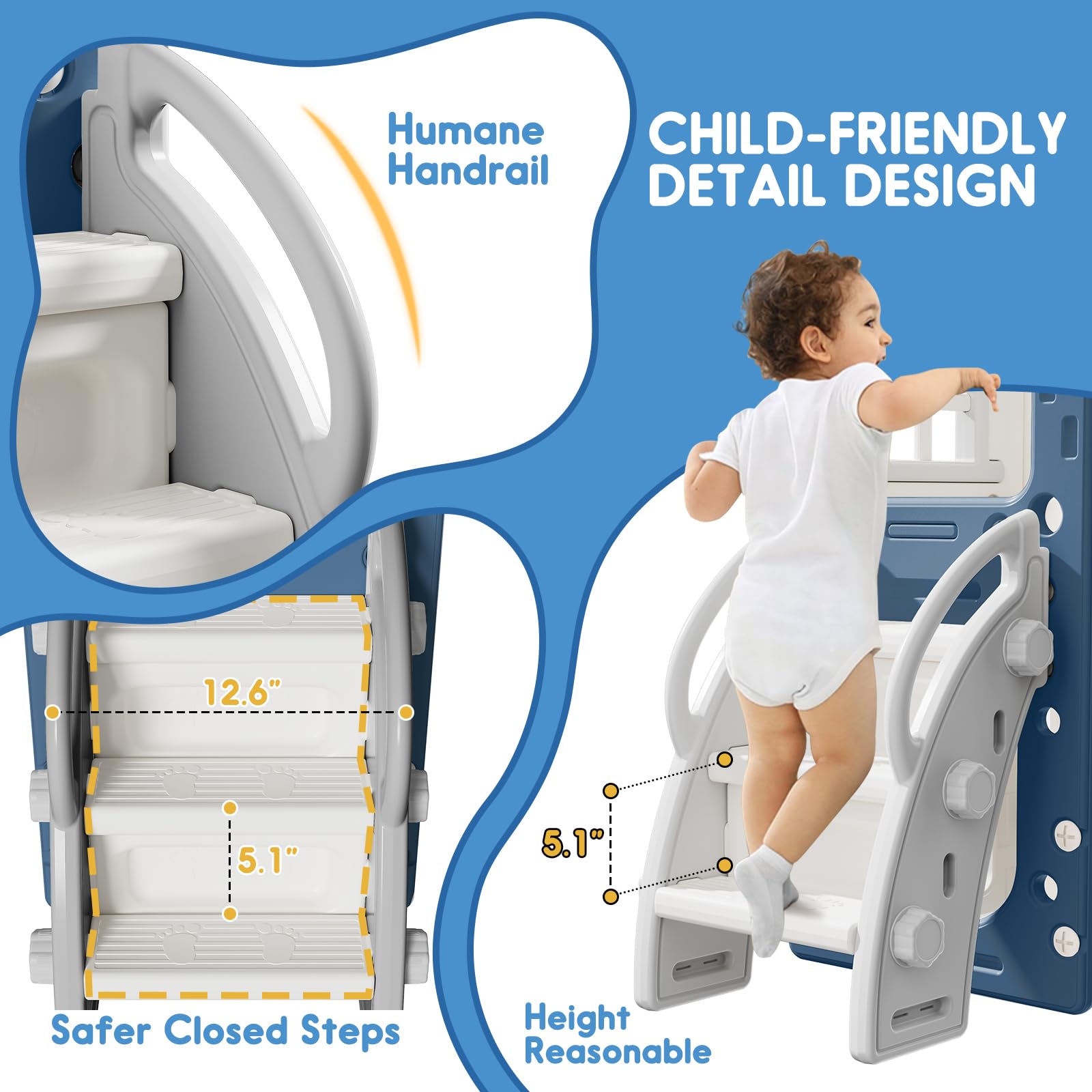 6 in 1 Toddler Slide,Kids Playset for Toddlers Indoor Outdoor, Baby Slide with Basketball Hoop, Telescope & Storage Space,Non-Slip Steps for Great Gift