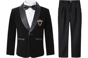 LOLANTA Boys Velvet Suit 4 Piece Formal Tuxedo Kids Slim Fit Blazer Dress Shirt Pants Outfit with Bow Tie